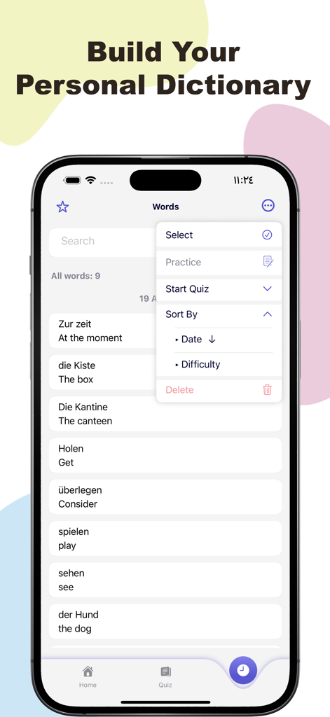Kalimati -Learn a new language - Pantalla de smartphone mostrando la interfaz de la aplicación Kalimati con una lista de vocabulario alemán y un menú de ordenación abierto.