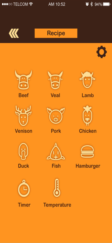 Grill ProbeE - Grill ProbeE recipe menu with selection icons for beef pork chicken and other meat types