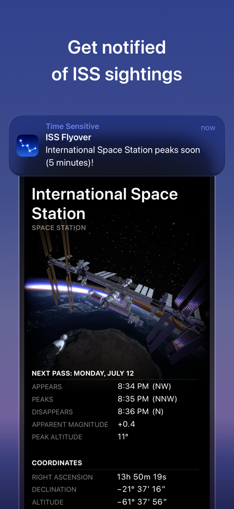Sky Guide - Sky Guideアプリのインターフェース、国際宇宙ステーションのフライオーバー通知と詳細な軌道追跡データが表示されています。