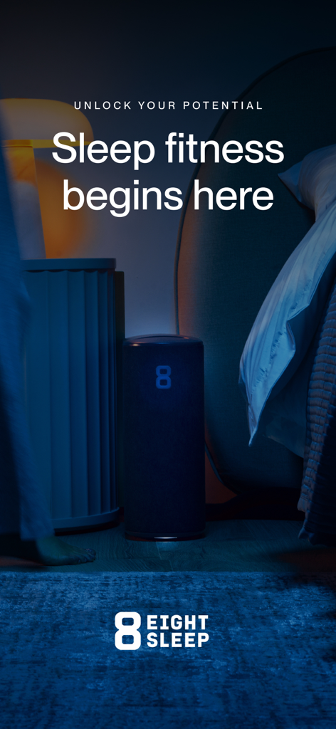 Eight Sleep - Eight Sleep Pod hub in a dark bedroom with the text Sleep fitness begins here