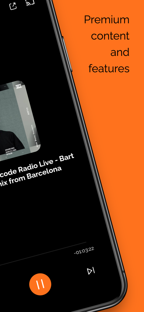 Unde radio and podcast app audio player interface showing a live broadcast from Barcelona with premium features