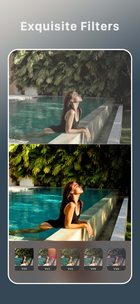 Everlook- Face & Body Editor - Comparaison avant et après d'une photo de piscine utilisant des filtres de couleur artistiques dans l'application Everlook