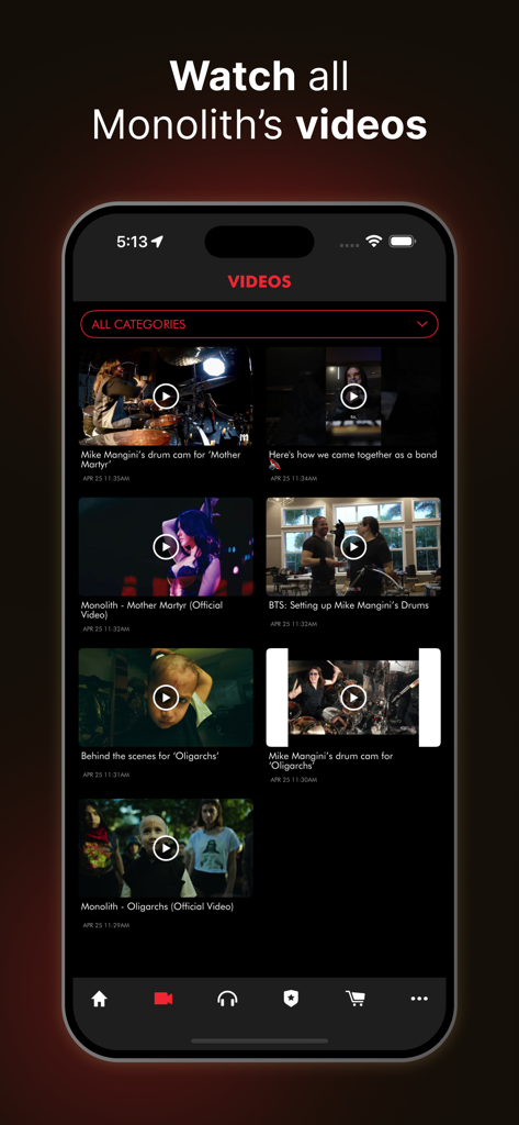 Schermata della galleria video nell'app Monolith Official con video musicali esclusivi e contenuti dietro le quinte