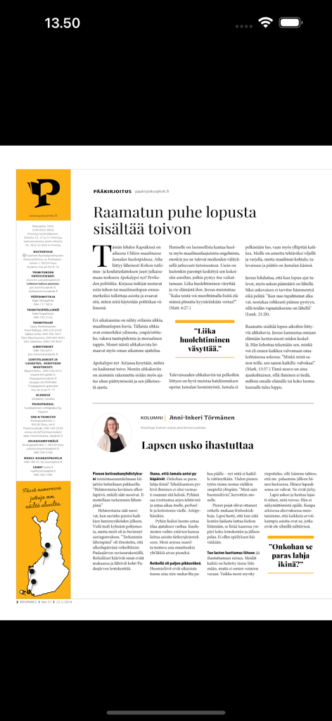 Päivämies - Una página de periódico digital de la aplicación cristiana Paivamies que presenta artículos y columnas en finlandés
