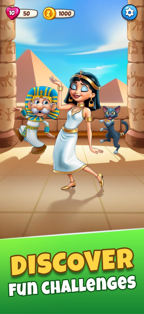 Characters from the Escape Time puzzle game in an ancient Egyptian setting with pyramids.