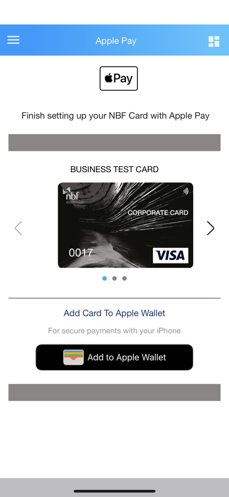 NBF Corporate Access app screen for adding a corporate Visa card to Apple Wallet