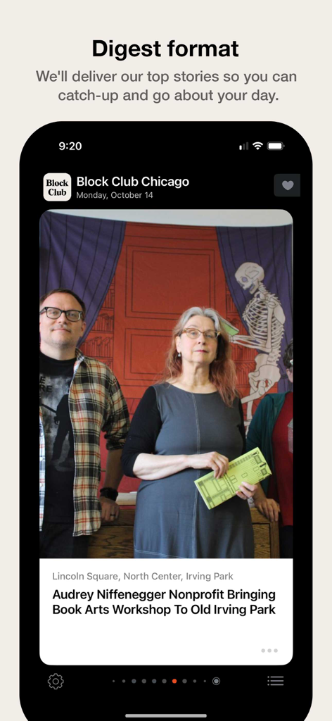 Block Club Chicago app screen showcasing the daily news digest format with a local story
