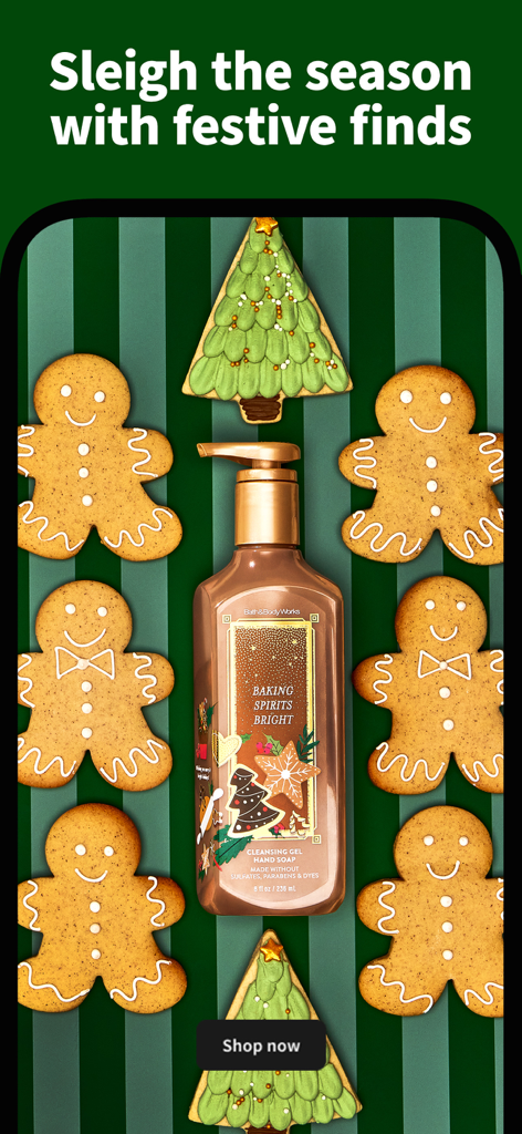 Pantalla de la aplicación navideña de Bath and Body Works con jabón de manos de temporada rodeado de galletas de pan de jengibre y árbol de Navidad