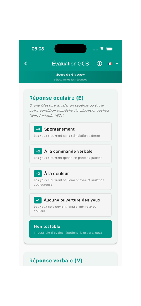 MedScales Pro - Aplicación móvil MedScales Pro que muestra la pantalla de evaluación de la respuesta ocular de la Escala de Coma de Glasgow.