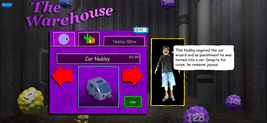 Nubby's Number Factory - The Warehouse skin selection menu in Nubby's Number Factory showing the Car Nubby skin with a humorous character description.