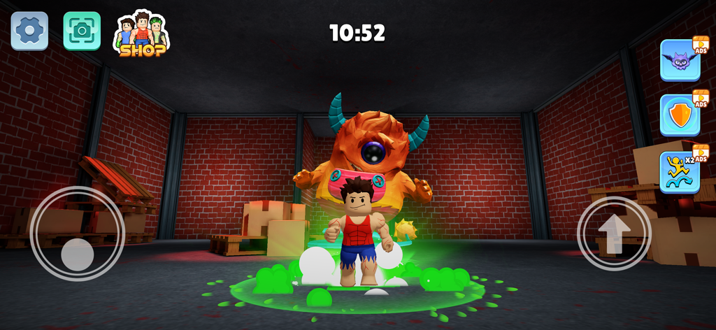 Monster Life: Lab Challenge - A Roblox style character escaping a large orange one eyed monster in a warehouse setting