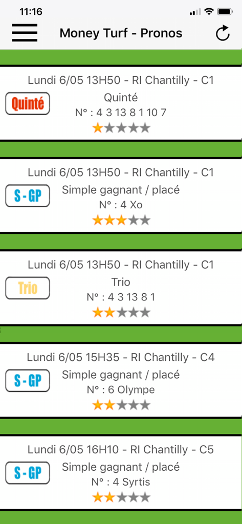 Mobile app interface displaying horse racing predictions for Chantilly including Quinte and Trio bets