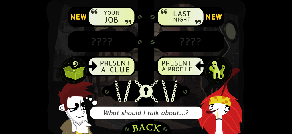 Detective Grimoire - Juego de Detective Grimoire mostrando la interfaz de interrogatorio con opciones de diálogo de opción múltiple.