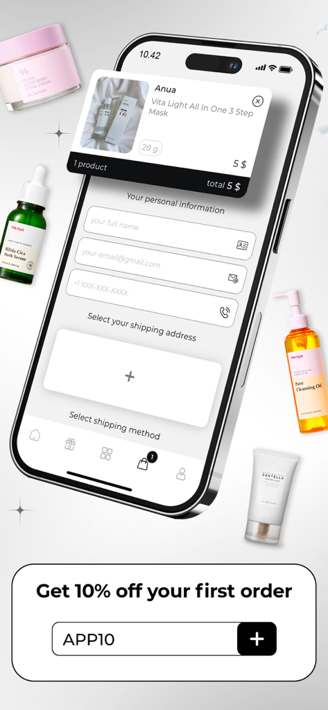 Skinsli: Korean Skincare - Skinsli app checkout screen showing personal information forms and a first order discount banner