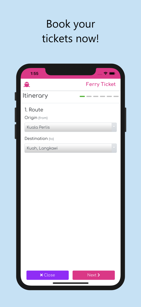 Cuti Cuti Langkawi mobile app ferry ticket booking screen showing origin and destination route selection