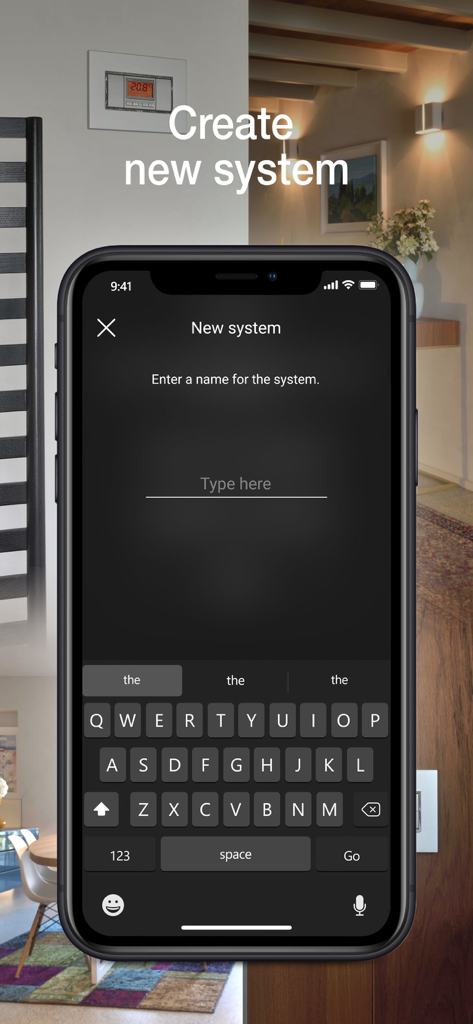 Interfaccia dell'app Vimar VIEW Wireless che mostra la schermata di configurazione per creare e nominare un nuovo sistema smart home.