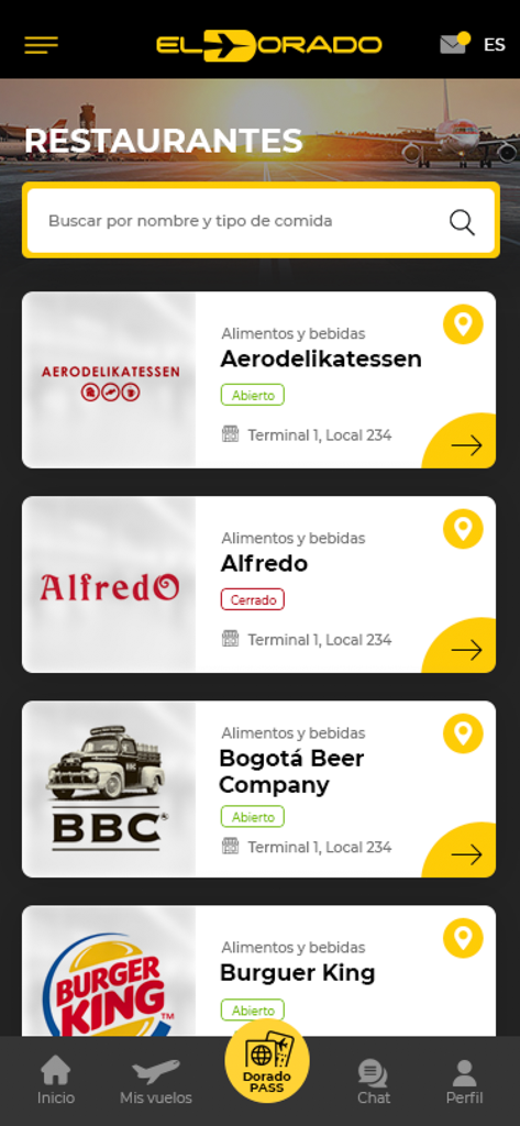 Aeropuerto El Dorado - List of restaurants and food outlets in the Aeropuerto El Dorado mobile app