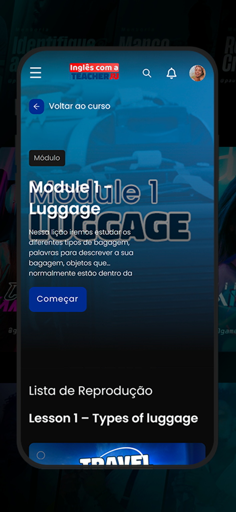 Teacher Ju English - Interface do aplicativo Teacher Ju English mostrando um módulo de aula sobre tipos de bagagem para viagem.
