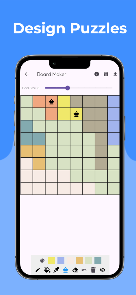 A screenshot of the Board Maker tool in the Crowns Logic Game app used for designing custom puzzles.