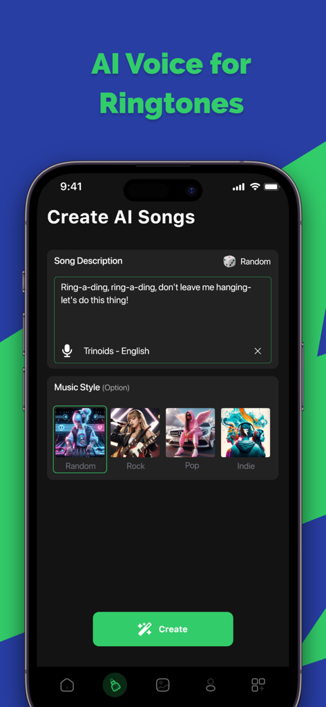 Ringtone Maker - AI Tune - Interface of the Ringtone Maker app showing how to create AI songs with voice and music style selections