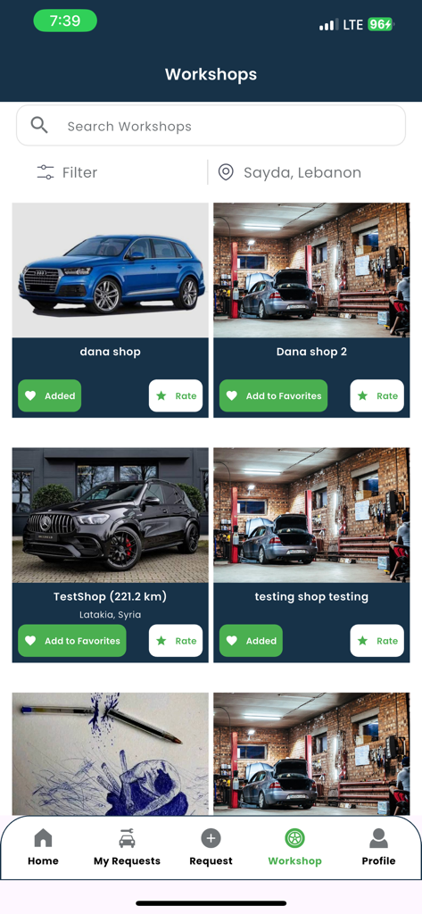 The Workshop screen in the PickPart app showing a list of auto repair shops with ratings and search filters