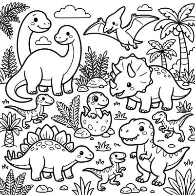 Embark on a charming prehistoric journey with our delightful Kawaii Dinosaurs coloring page. This adorable scene, filled with cute dinosaurs and lush plants, promises hours of creative fun for all ages.