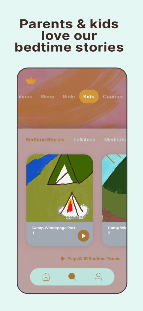 A screenshot of the Soulspace app displaying the Kids section with Christian bedtime stories and a cartoon illustration of a campsite.