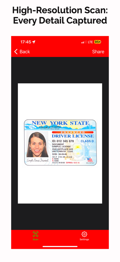 High resolution scan of a driver's license in the Protocol O app
