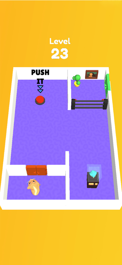 Hamster Dash: Puzzle Maze! - A cute hamster in a purple room maze level twenty three with a red push button