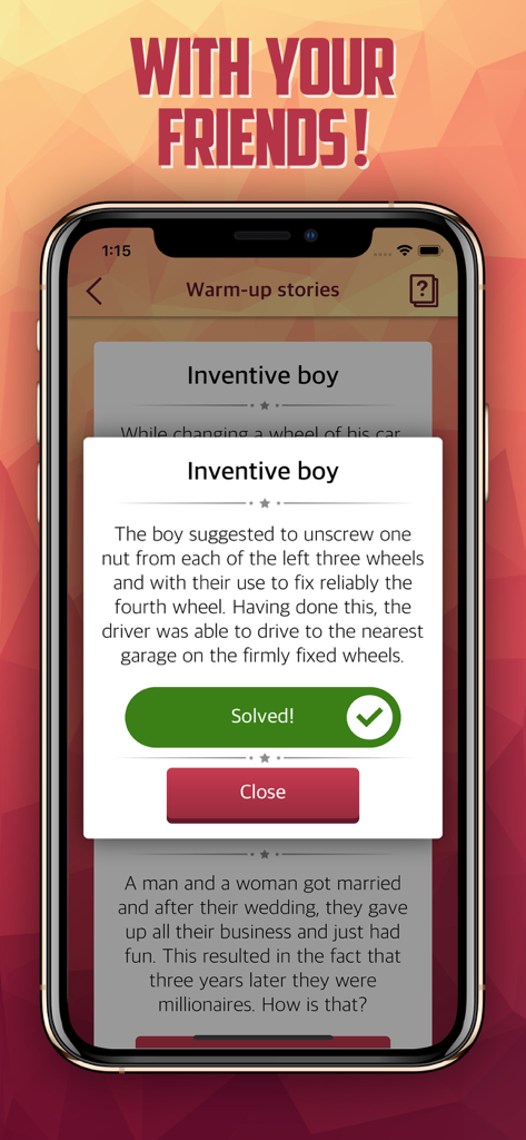 Group Games on Phone: Yes No - A mobile app screen showing the solution to a lateral thinking riddle for group play.