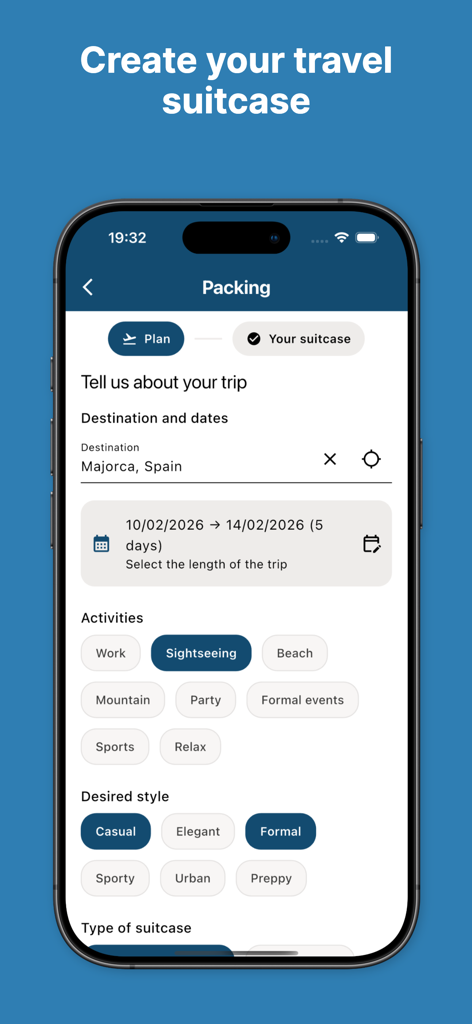 Seekia 앱 인터페이스에 여행 세부 정보 및 스타일 선호도에 따라 여행 가방 및 짐 목록을 만드는 기능이 표시됩니다.