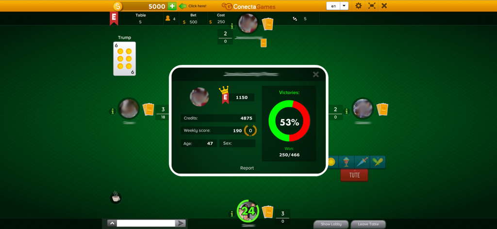 Player profile statistics showing victory percentage and credits in the Tute Cabrero card game.