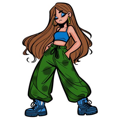 girl in baggy pants crop top and long hair