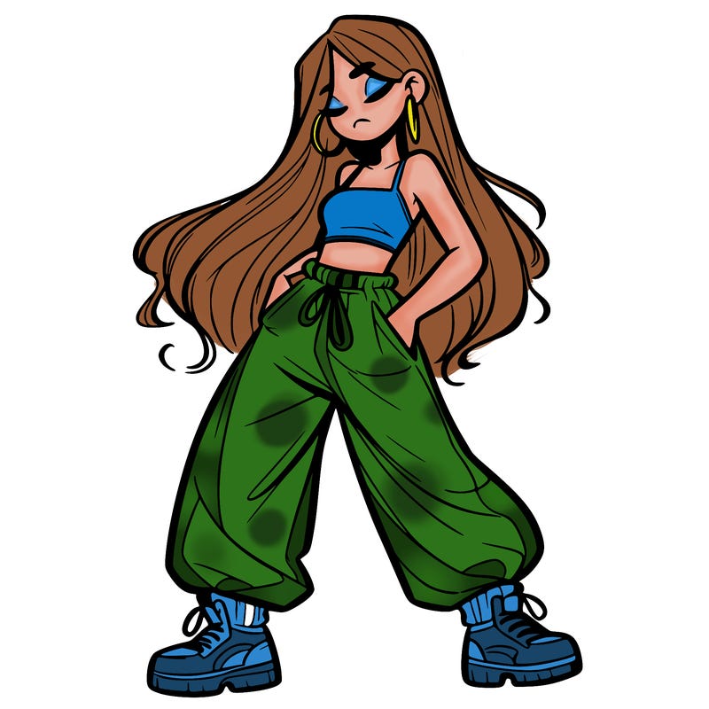 girl in baggy pants crop top and long hair
