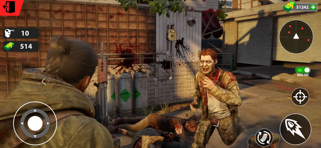 Survive: Zombie Shooting Games - A player character aims a rifle at an approaching zombie in a survival game