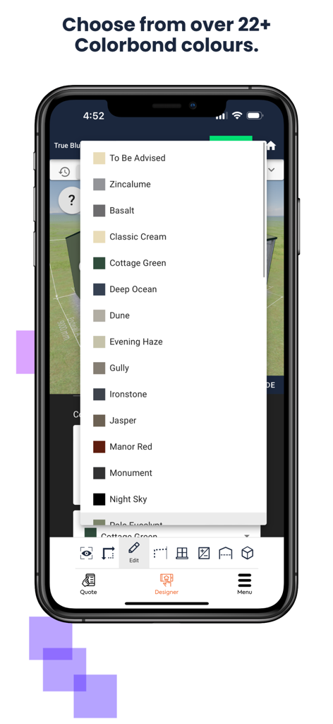 True Blue Sheds, Shed Designer - Oberfläche der True Blue Sheds App, die ein Dropdown-Menü mit über 22 Colorbond-Farben für individuelle Schuppen-Designs zeigt