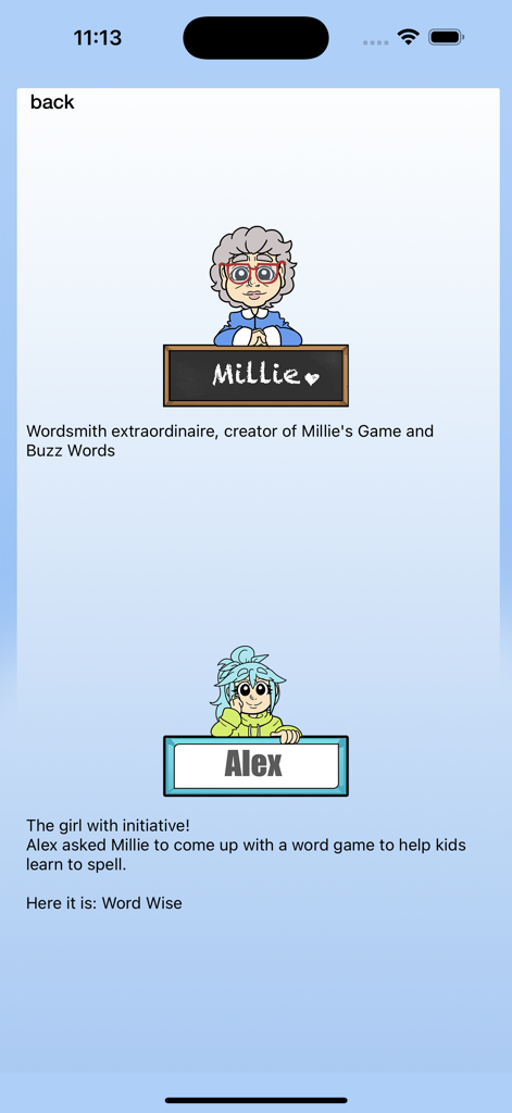Word Wise - Introduction screen for the Word Wise app featuring characters Millie and Alex with descriptive text