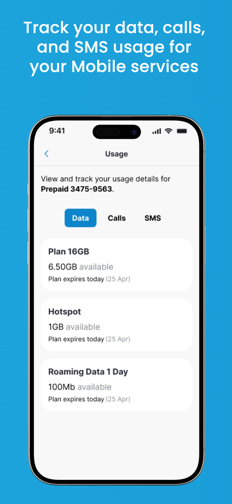 Interface of My Flow Self Care app displaying mobile data calls and SMS usage for a prepaid plan