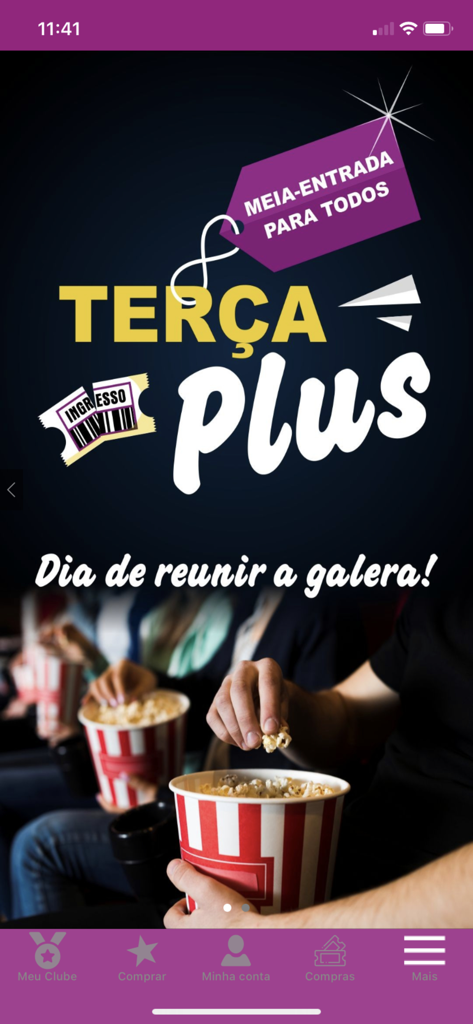 Cineplus - Écran promotionnel de l'application Cineplus montrant l'offre de billets à moitié prix Terca Plus pour tous