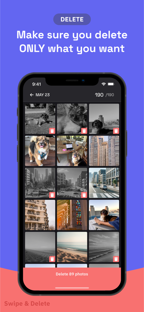 Swipe Delete: Photo Declutter - Una cuadrícula de fotos en la aplicación Swipe Delete mostrando imágenes marcadas con iconos de basura para su eliminación
