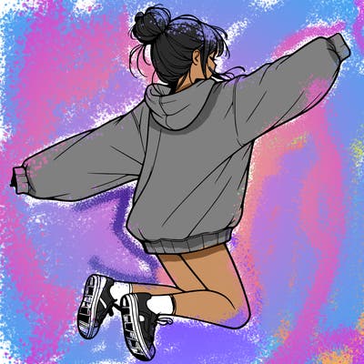realistic girl jumping with a bun and oversized sweatshirt