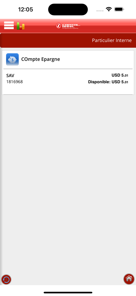 Capital Bank Mobile Banking - Interfaz de la aplicación de banca móvil Capital Bank Haiti que muestra el saldo de una cuenta de ahorros en USD