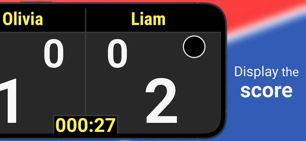 Eine digitale Tischtennis-Anzeigetafel, die die Punktestände für Spieler namens Olivia und Liam mit einem Spieltimer anzeigt