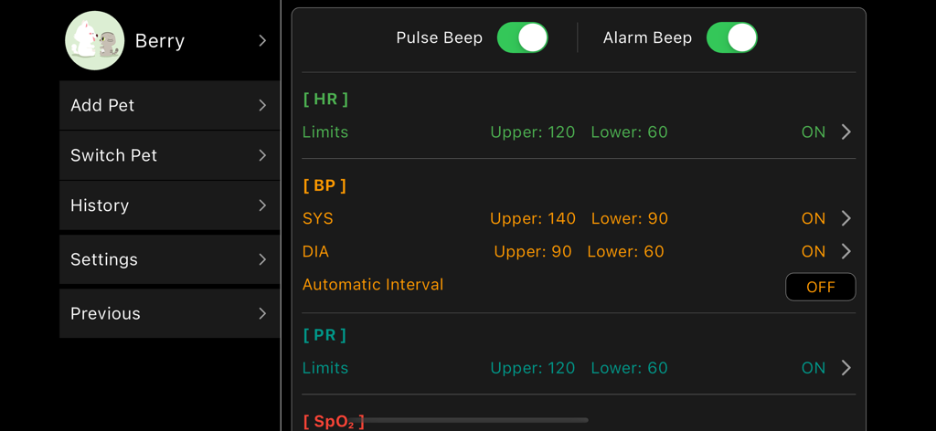 Configuración de monitorización de constantes vitales en la aplicación Berry Pet Health mostrando los límites de frecuencia cardíaca y presión arterial.