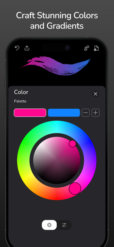 Flowpaper app interface showing a color wheel and palette tool for creating artistic gradients