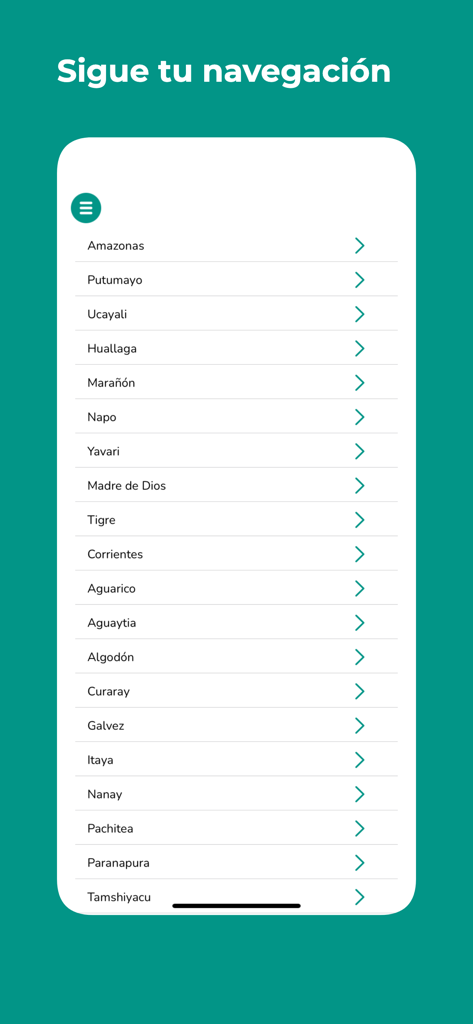 MGP Ríos - List of Amazonian rivers monitored by the Peruvian Navy in the MGP Rios app interface