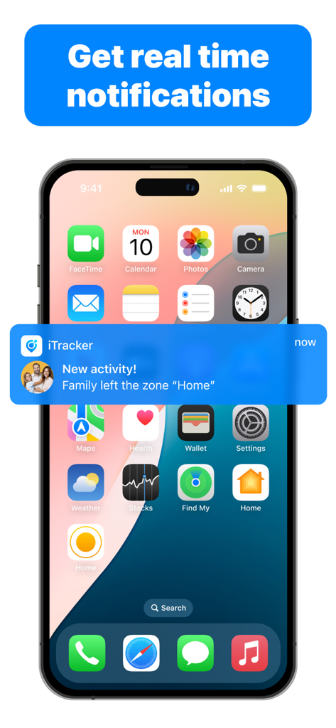 iTrack 앱에서 실시간 위치 알림이 표시된 iPhone 화면