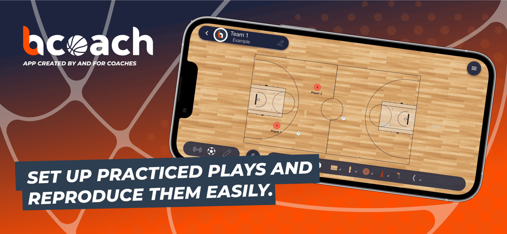 Pantalla de teléfono inteligente que muestra el tablero táctico de baloncesto Bcoach para diseñar jugadas y ejercicios de entrenamiento.