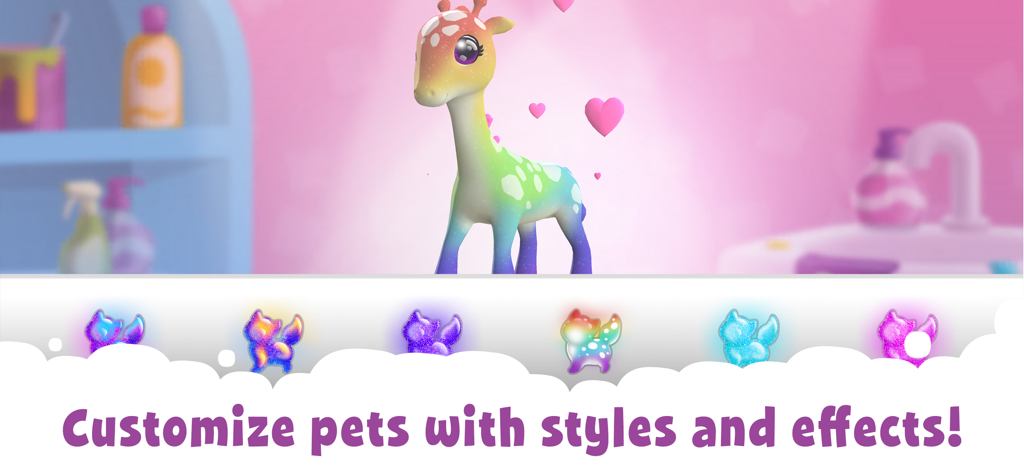 A rainbow colored 3D giraffe in the pet customization menu