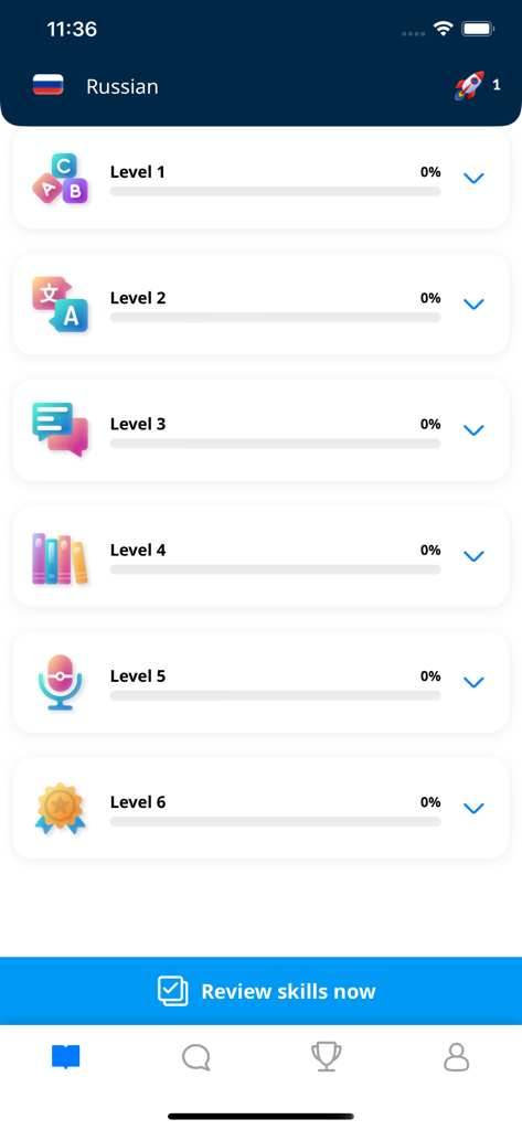 LinguaLift - LinguaLift app interface showing six levels of a Russian language course with progress tracking bars